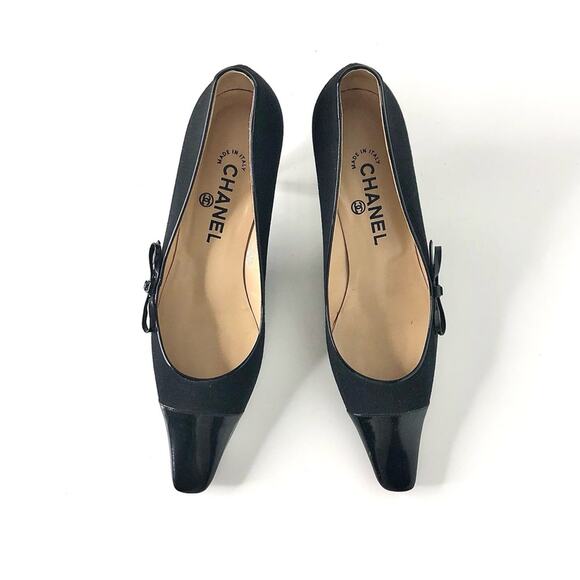 Chanel Retro Vintage Lagerfeld CC Bow Kitten Heel Pointed Toe Cap Toe Pumps 38 - Picture 2 of 11